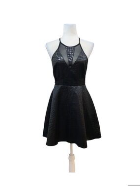 Black Textured Fit-and-Flare Dress with Mesh V-Neck
